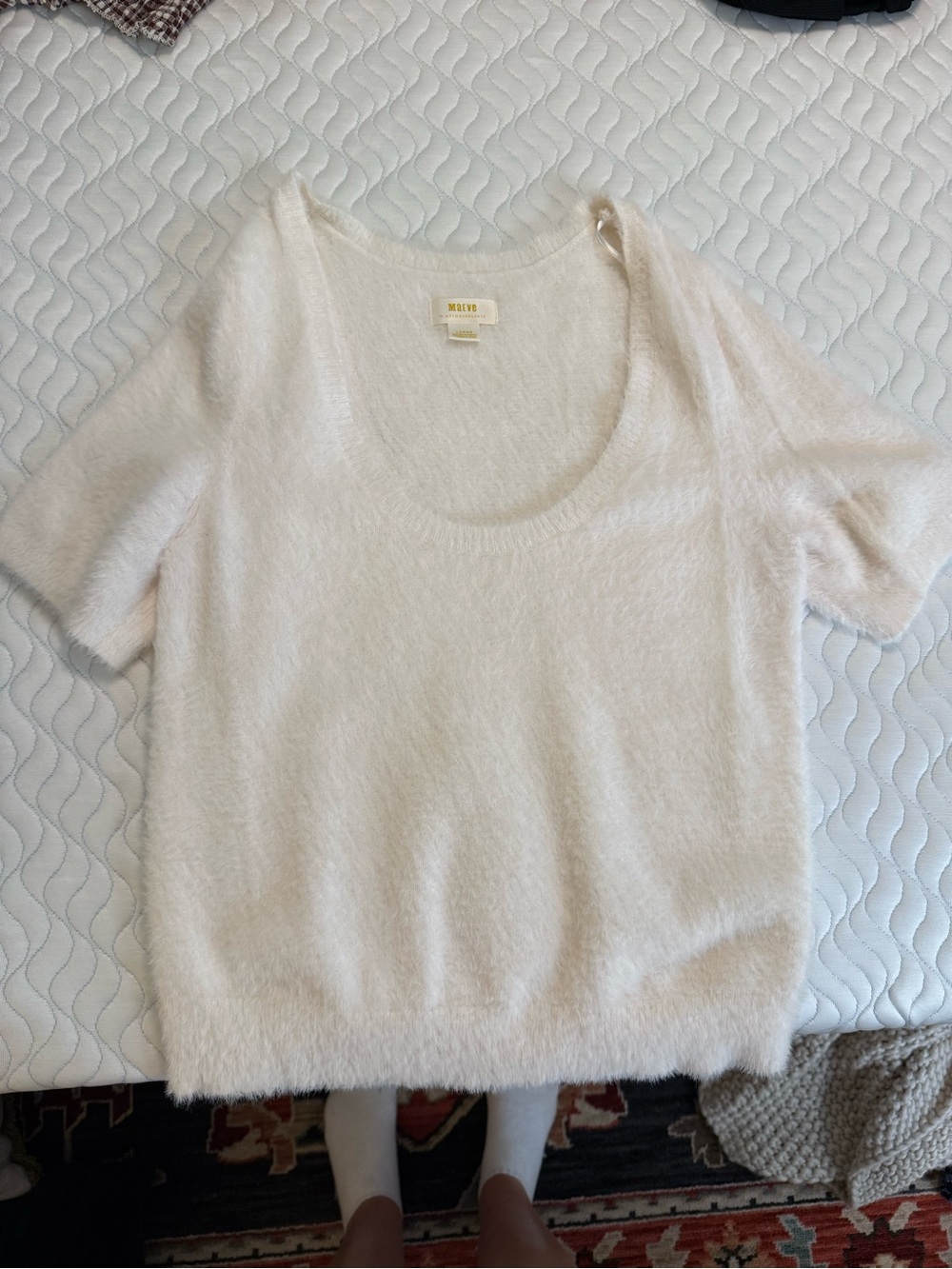 Maeve Cream Short-Sleeve Fuzzy Knit Top